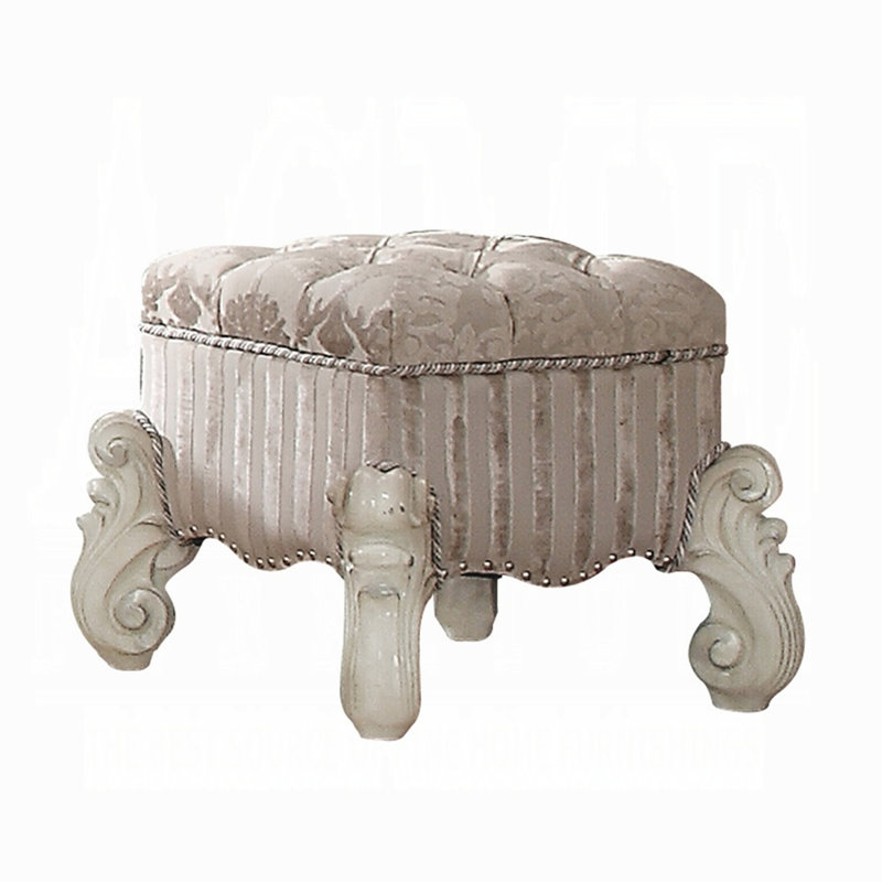 Ivory and Bone White Vanity Stool with Nailhead Trim, Ivory