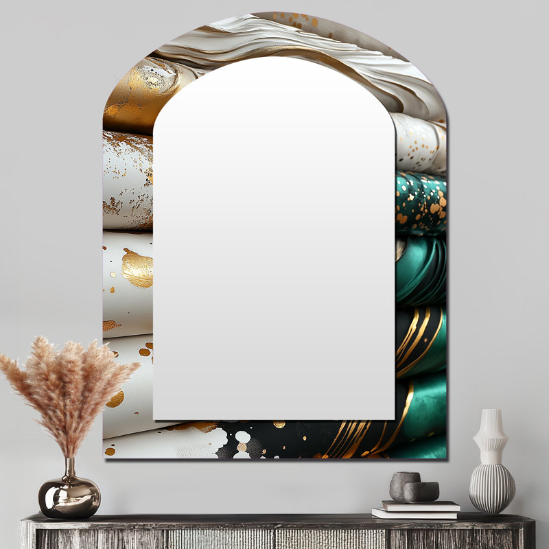 Gold Moroccan Textiles I - Morocco Arch Mirror, Gold Asymmetrical Decorative Wall Mirror, Printed Metal Art, 43" x 33"