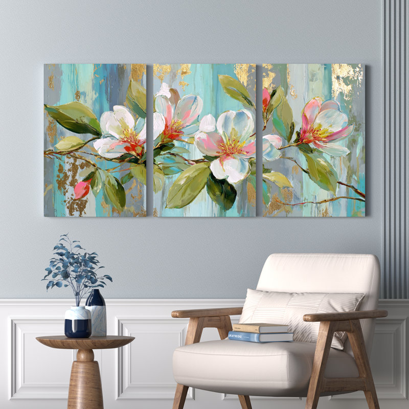 Ensemble de 3 tableaux muraux sur toile à motif floral de magnolia, H 36 po x l 72 po