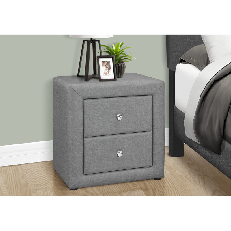 Upholstered Grey Linen Nightstand - 2 Drawers, Bedroom Accent Piece Table Drawer