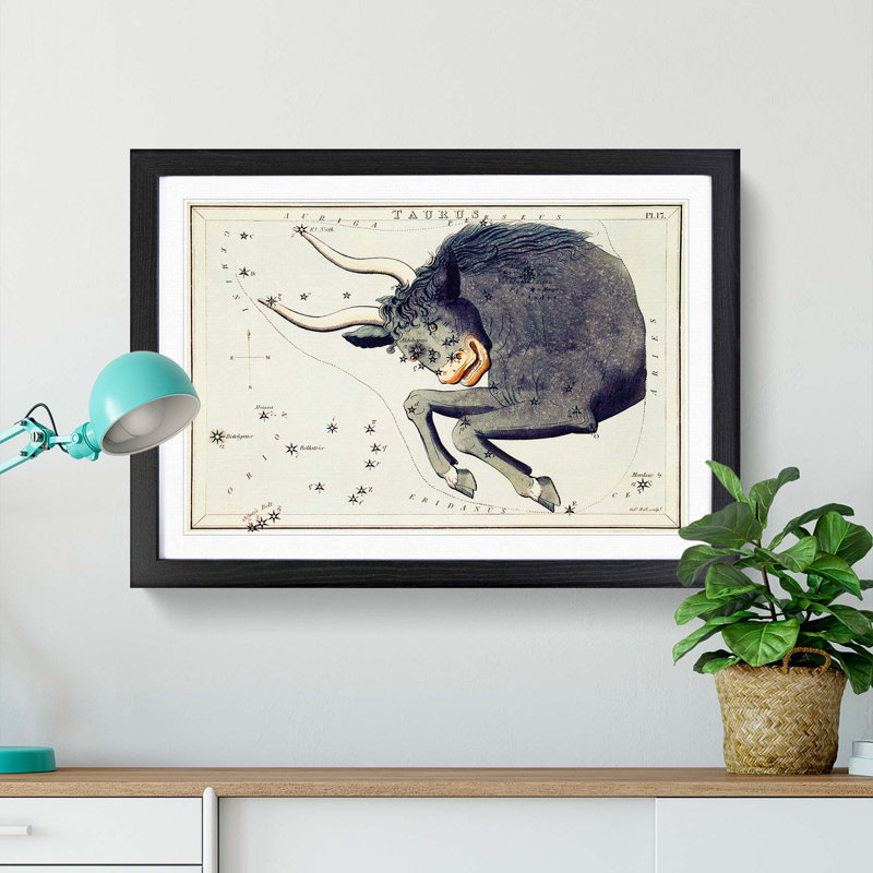 Astronomical Zodiac Chart Of The Taurus - Single Picture Frame Painting, 33cm H x 45cm W x 2cm D, Black