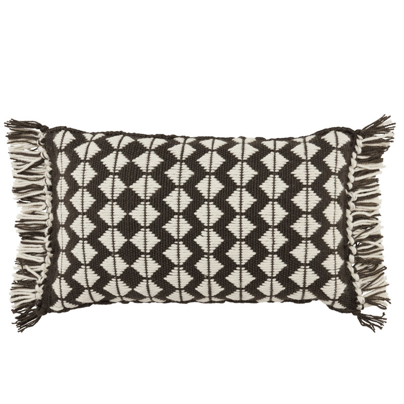Senda Fringed Outdoor Throw Pillow, Black/Ivory, Polyester/Polyfill