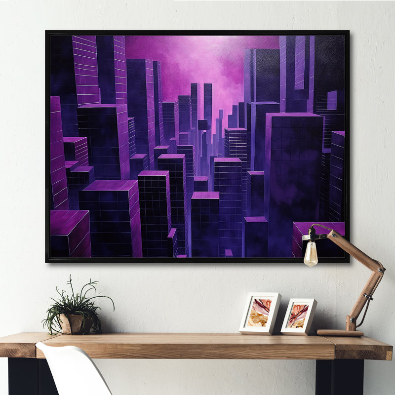 «Orchid Obsidian Sckycraper Horizon» sur toile, H 30 po x l 40 po x P 1,5 po, Cadre flottant noir