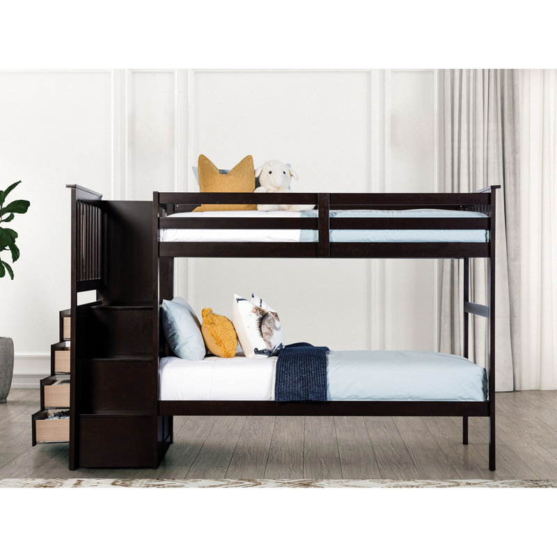 Transitional Style Twin Over Bunk Bed With Front Access Steps And 4 Storage Drawers, Solid & Engineered Wood Arrangement Plan Shine, Style, Side Steps, Underneath Structure Composition