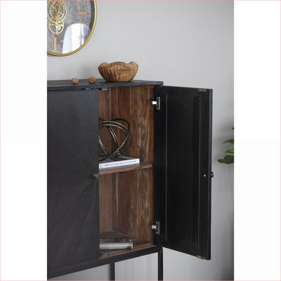 Armoires | Armoire de rangement 31,5 x 16,5 x 60 pouces à 2 portes, base en fer acacia noir | Moderne | Chambre à coucher
