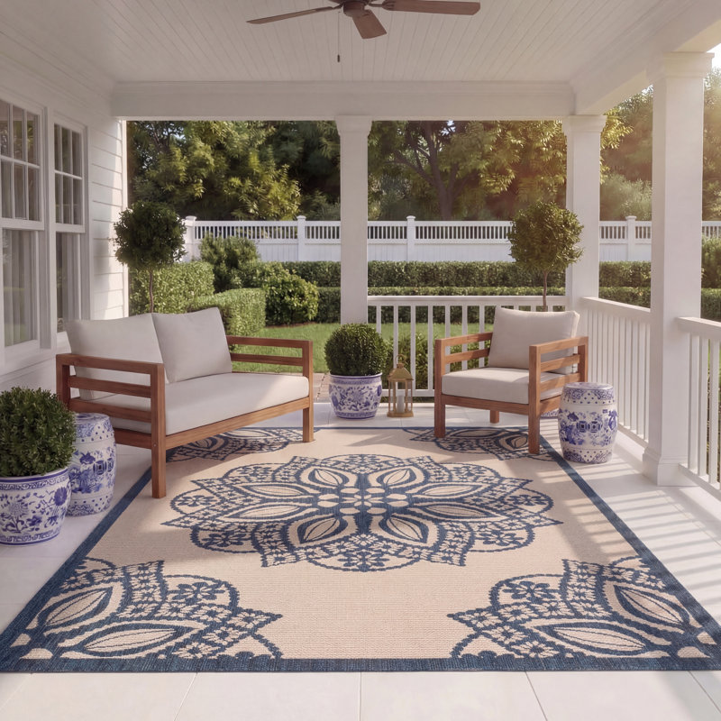 Arneshia Beige/Navy Indoor/Outdoor Area Rug, Rectangle 8' x 11'