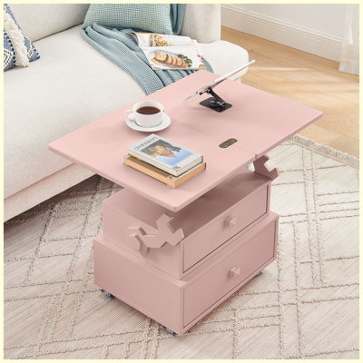 Table de bout roulante à hauteur ajustable laquée ultrabrillante, table à plateau relevable multifonctionnelle avec station de charge, tiroirs de rangement et roues verrouillables pour le salon, la chambre à coucher et le bureau