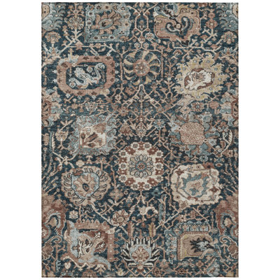 9' X 12' Taupe Blue And Beige Geometric Washable Indoor Outdoor Area Rug