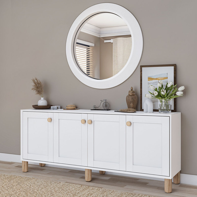 Console moderne blanche avec de nombreuses tablettes de 70,9 po x 29,5 po x 15,8 po | 100% panneau de particules enduit de mélamine, épaisseur: 0,71 pouce | Design scandinave mural pour un rangement élégant dans la maison et le bureau