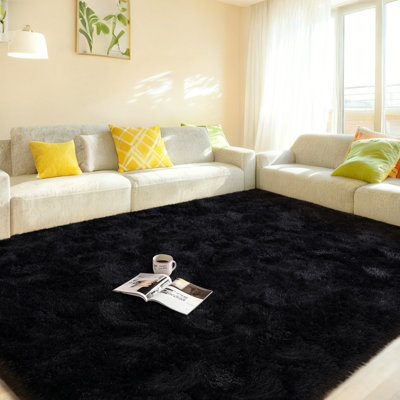 Tapis noir doux à poils longs pour le salon, tapis intérieur moelleux moderne de 6 pi x 9 pi pour la chambre à coucher
