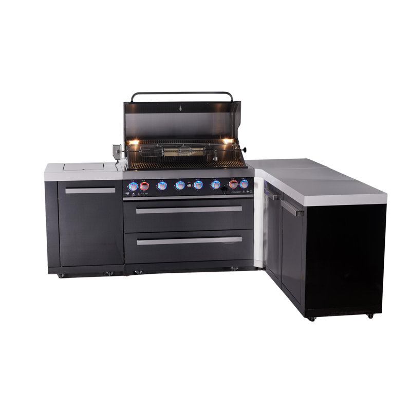 Îlot de cuisine modulaire en forme de L en acier inoxydable noir L 94 po x P 50 po x H 46 po + brûleur latéral + barbecue à gaz à 6 brûleurs l 44 po + comptoirs en granite + armoires de rangement + ensemble de rôtisserie + housse + naturel Convertible au gaz + garantie à vie