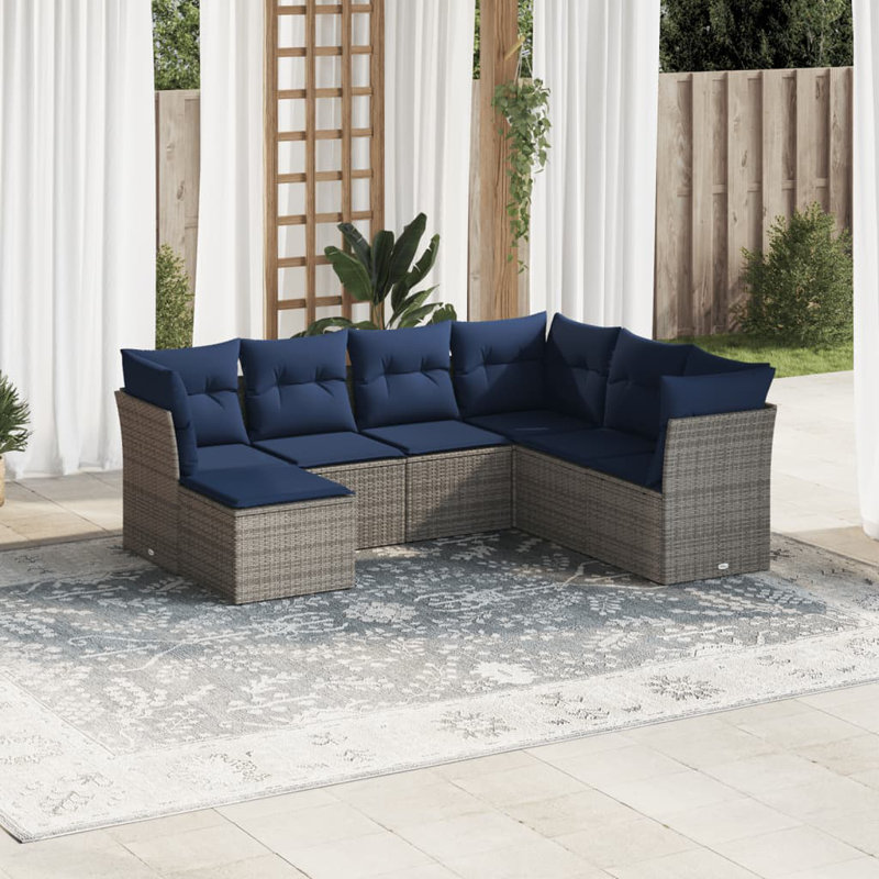 8 Piece Patio Sofa Set With Cushions Gray Poly Rattan, Navy Blue Cushion/Gray Frame