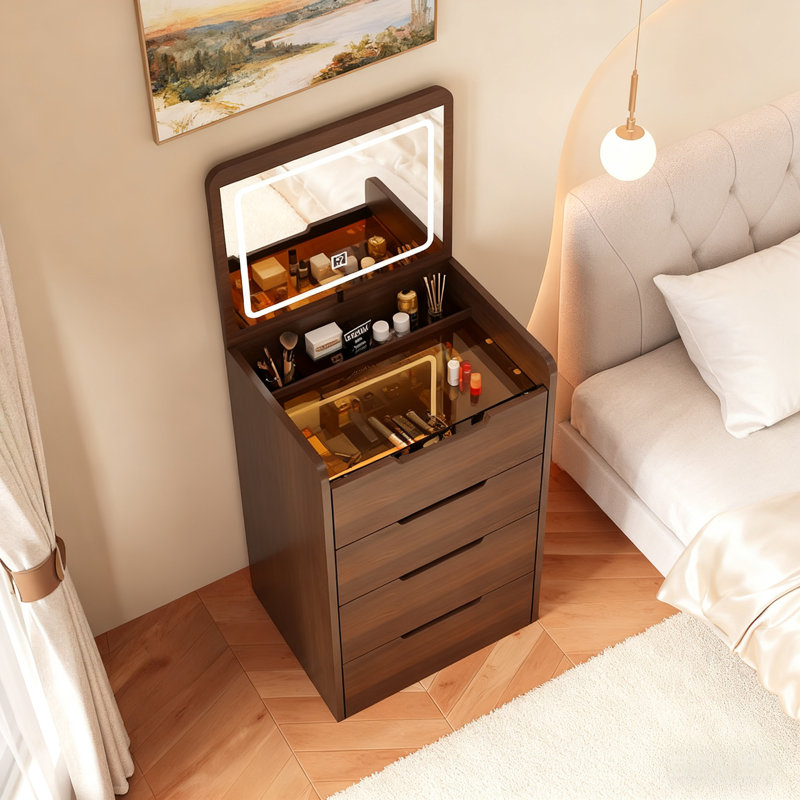 Bureau de coiffeuse 3 en 1 avec miroir à plateau rabattable, petit ensemble de coiffeuse avec bureau en verre visible, coiffeuse pour chambre à coucher