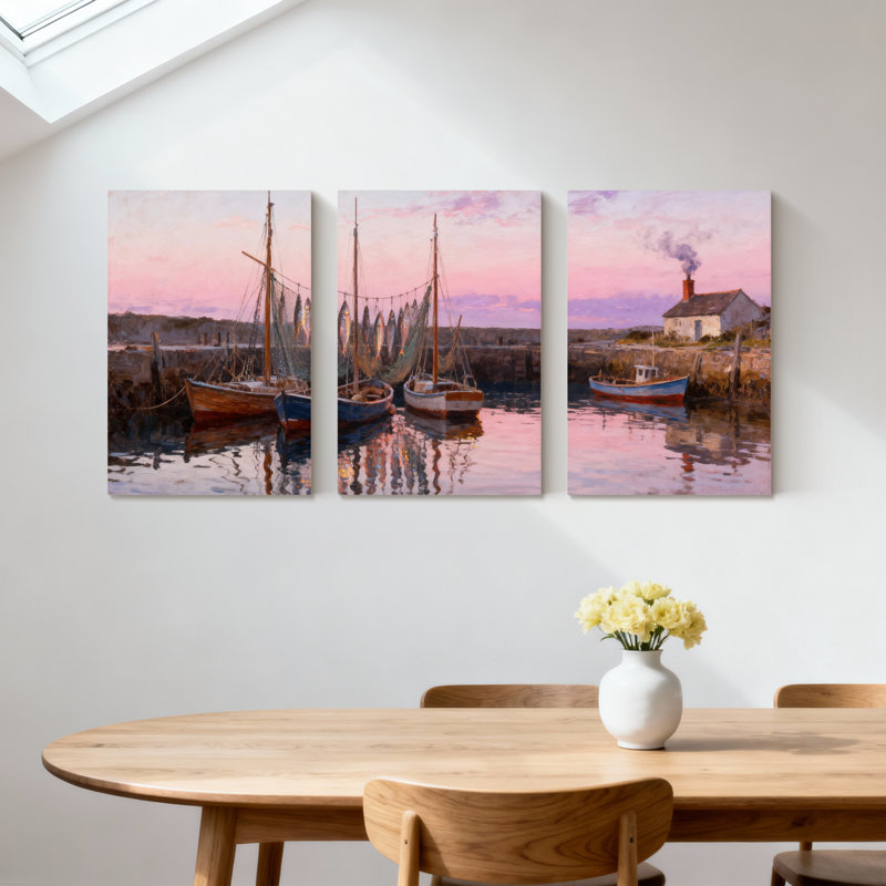 Nautique, coucher de soleil, bateaux, reflets, eau calme, ciel, maison, fumée, ensemble de 3 impressions sur toile