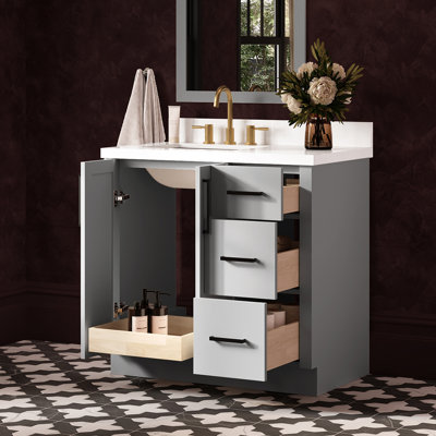   Kayleigh 37 Inch Left Offset Single Rectangle Sink Bathroom Vanity with Pure White Quartz Countertop 1.5 Inch in Grey