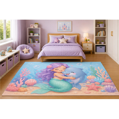 "Ultra Lightweight" 5'x7' Mermaid Hugging Dolphin Area Rug for Girls Bedroom Nursery Playroom Scandinavian Minimalist Underwater Ocean Fantasy Decor Non-Slip Silicone Backing Low Pile