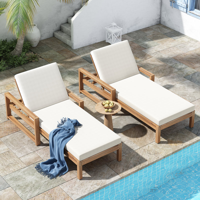Outdoor Solid Wood Chaise Lounge Set (Set Of 2), Light Teak