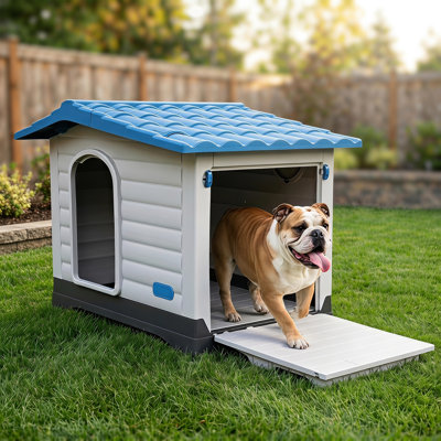 Outdoor Plastic Dog House with Detachable Ramp, Weather-Resistant Elevated Pet Shelter for Small and Medium Dogs