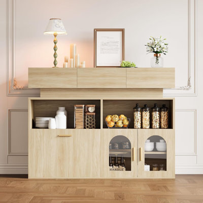 Coffee Bar Cabinet with 3 Drawers and Adjustable Shelves, Wooden Kitchen Storage Sideboard Buffet Table for Dining Room, Living Room, or Kitchen