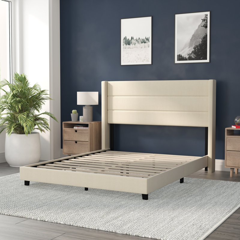 Upholstered Platform Bed with Wingback Headboard, Mattress Foundation with Slatted Supports, Beige, Queen