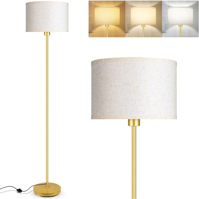 Gold Floor Lamp With Beige Linen Shade, 59" Tall Standing Lamp For Living Room, Bedroom, Office, E26 Base, Foot Switch, No Bulb Included
