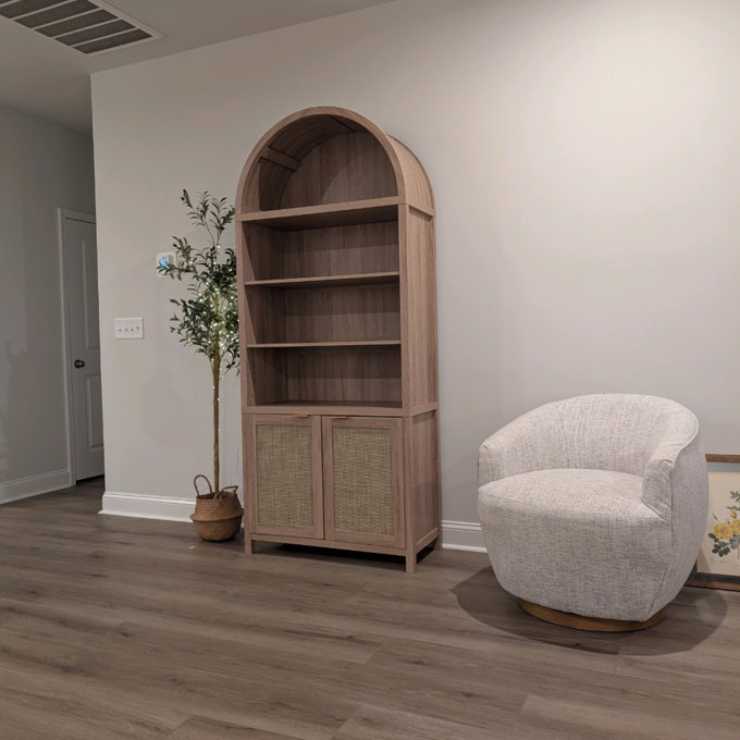 84.25''H Rattan Arched Bookcase With Adjustable Shelf - Caramel Oak