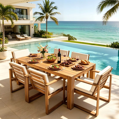 Rustic 7-Piece Outdoor Dining Set, Brushed Retro Finish Acacia Wood Table and 6 Nesting Armchairs for Backyard
