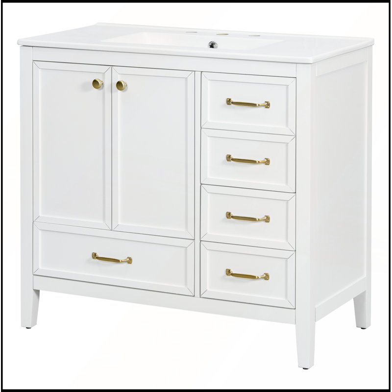 Meuble-lavabo 36 po avec lavabo, tiroirs à fermeture en douceur, structure en bois massif, rangement à plusieurs niveaux et lavabo en céramique pour les salles de bain modernes