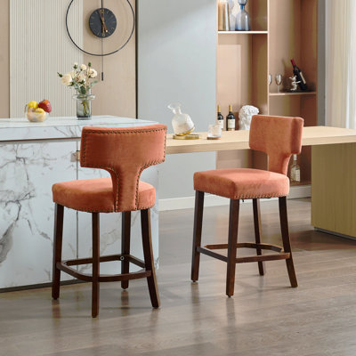 Ensemble de 2 tabourets de bar à hauteur de comptoir de style Mid-Century moderne, fauteuil d'appoint rembourré en tissu de lin de campagne avec dossier incurvé avec clous en cuivre, chaises de cuisine avec cadre en bois
