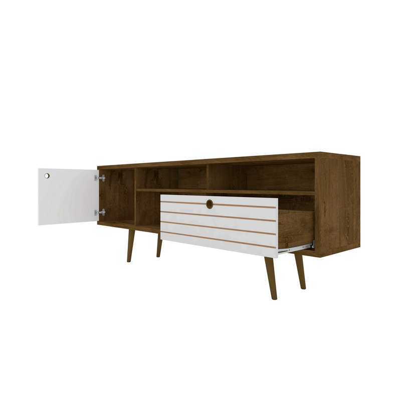 Liberty 71" Mid-Century Modern TV Stand with 4 Shelves and 1 Drawer for TVs up to 65" in White and Rustic Brown