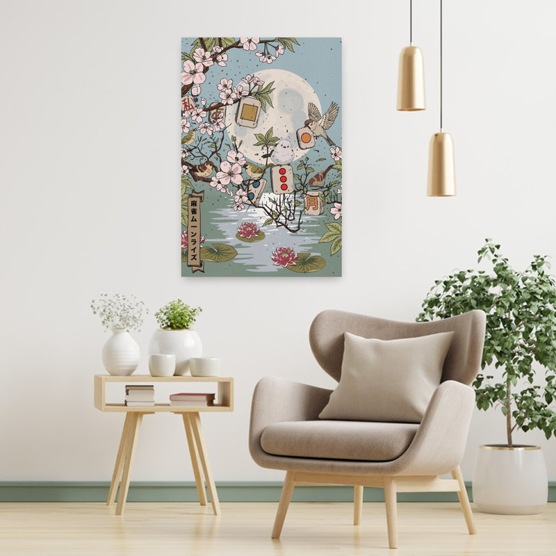 Moonlit Mahjong Birds Peaceful Abstract Contemporary Bird Cherry Lily Nature Spring Wall Art Print, 91.44cm H x 60.96cm W