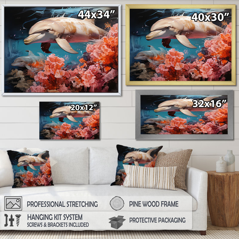 Dauphin éternel dansant sur toile, Cadre flottant blanc, H 24 po x l 32 po x P 1 po