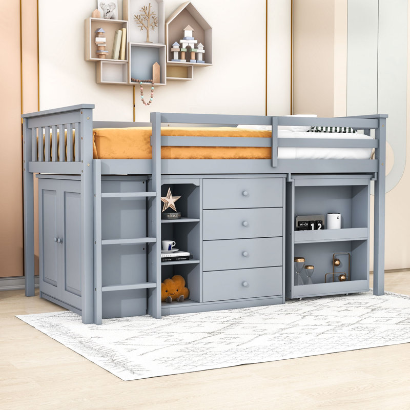Twin Loft Bed With Storage Cabinets, Desk, And Safety Features, Grey
