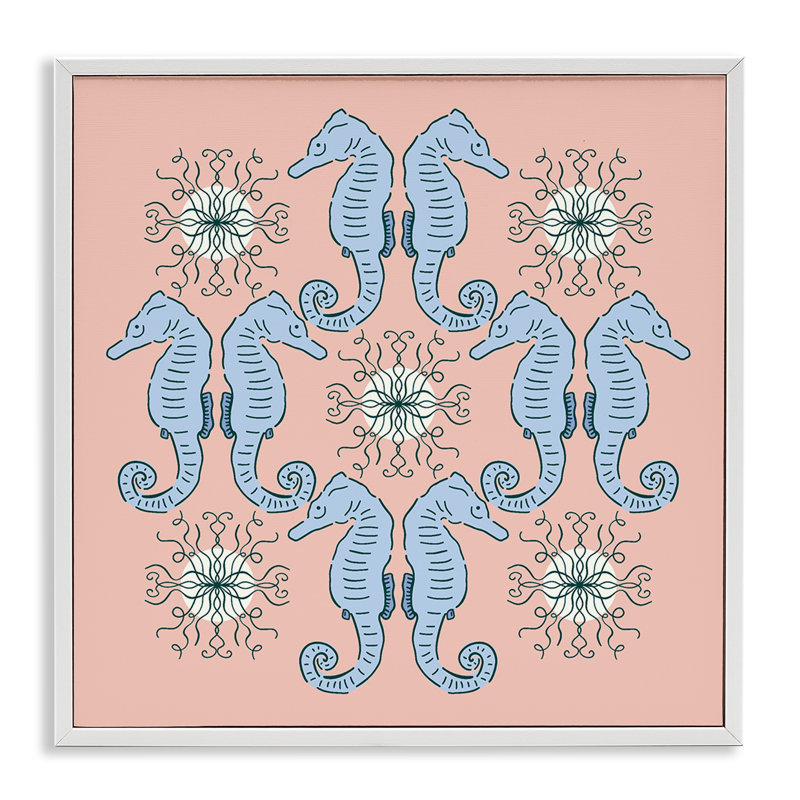 Giclée symétrique à motif hippocampe corail, design par Sazerelli Designs, H 17 po x l 17 po