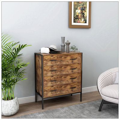 Industrial Style 4 Drawer Dresser,Rustic Brown Wood Storage Dresser Clothes Organizer With Sturdy Steel Frame, Chest With 4 Drawer, Storage Cabinet Fo by 17 Stories