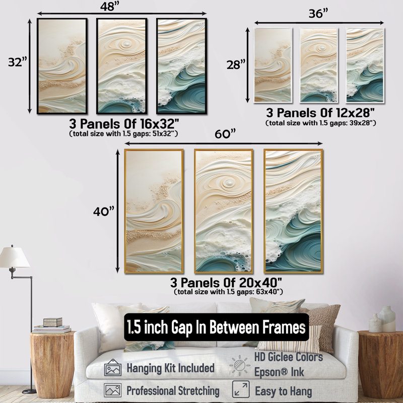 Bleu moderne et beige sable, vue aérienne IV - plage, plage, sable, ensemble d'art sur toile, H 28 po x l 36 po x P 1 po