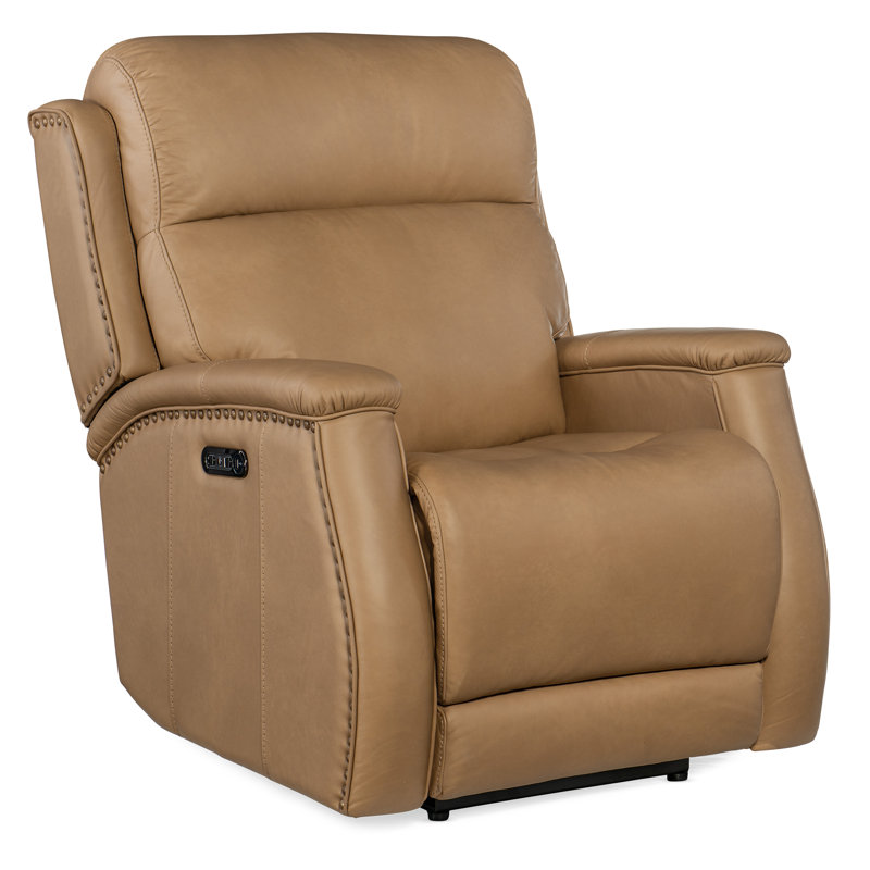 Sahara Sand Leather Power Recliner with Nailhead Trim