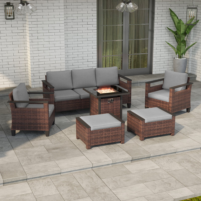 Ensemble de patio 6 pièces avec foyer de 28 po, canapé en rotin PE avec repose-pieds et structure robuste, Gris