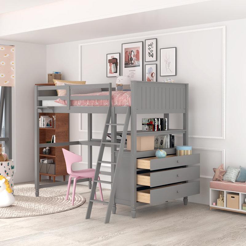 Flournory Kids Twin Loft Bed with Drawers, Gray