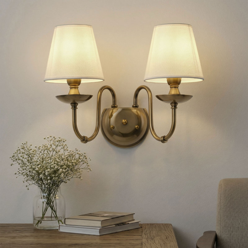 Vintage 2-Light Hardwired Wall Sconce with Fabric Shade in Polished Brass, 2-Light