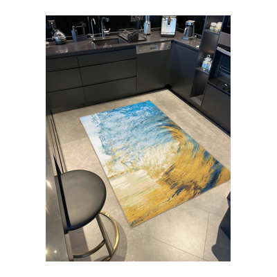Machine Washable Wavy Patterned Blue and Yellow Woven Base Area Rug