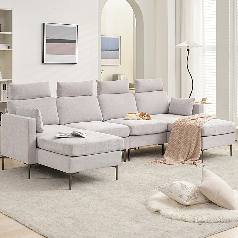 Ensemble de conversation modulaire en chenille 4 pièces 116,5 po en U, Chenille gris pâle