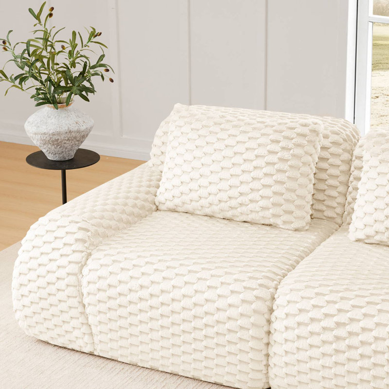 114" Flannel L-Shaped Modular Sectional With Ottoman, Cream Fabric