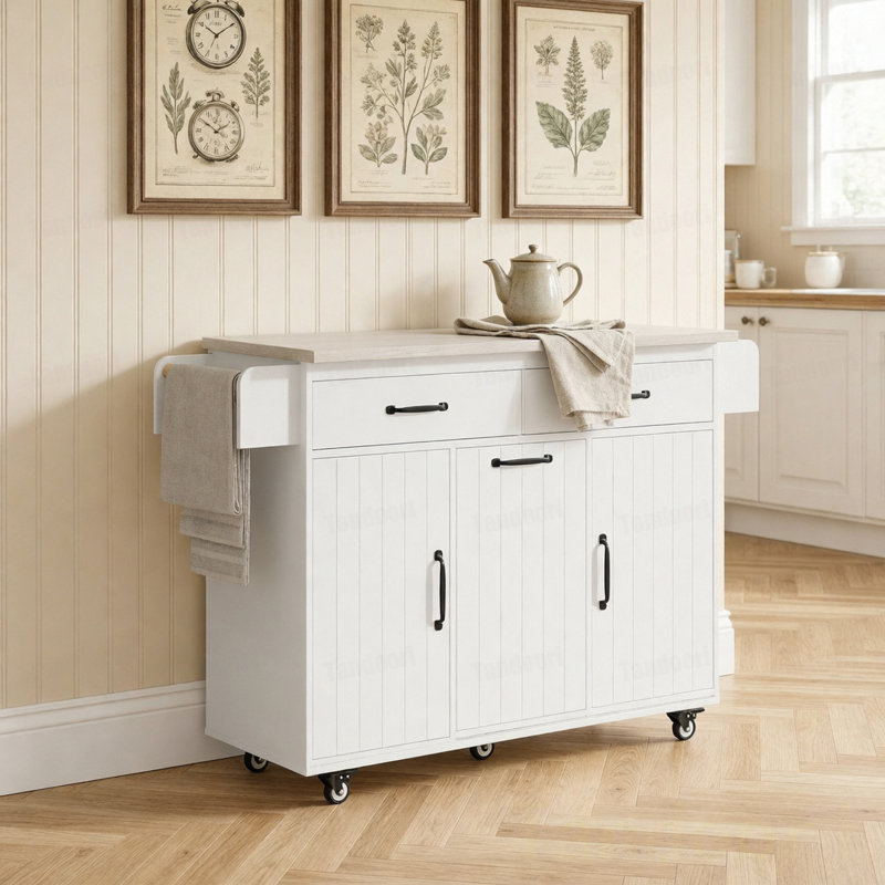 Îlot de cuisine avec armoire de rangement pour poubelle, chariot de cuisine avec abattant, support à épices, porte-serviettes et tiroir, îlot de cuisine sur roulettes avec tablette réglable,
