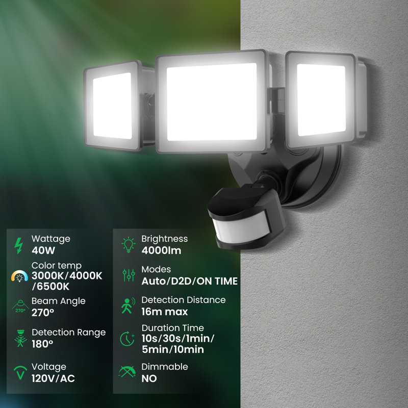 Black 40W LED Motion Sensor Outdoor Security Flood Light
