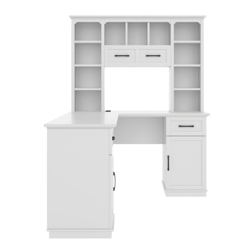 L-Shaped Computer Desk with Open Shelves, Cabinet & Drawers, White