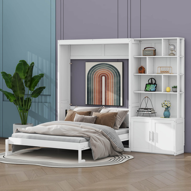 Lit escamotable double avec plusieurs tablettes de rangement et une armoire