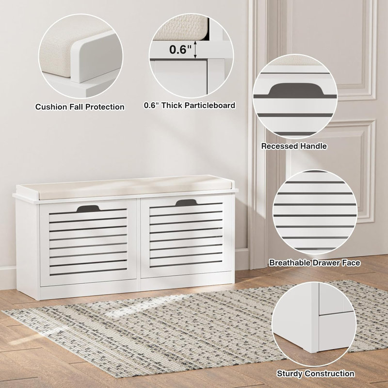 Shoe Storage Bench With 2 Flip Drawer & Seat Cushion, Entryway Bench With Shoe Storage, Hidden Shoe Rack Bench For Hallway, Bedroom, Mudroom