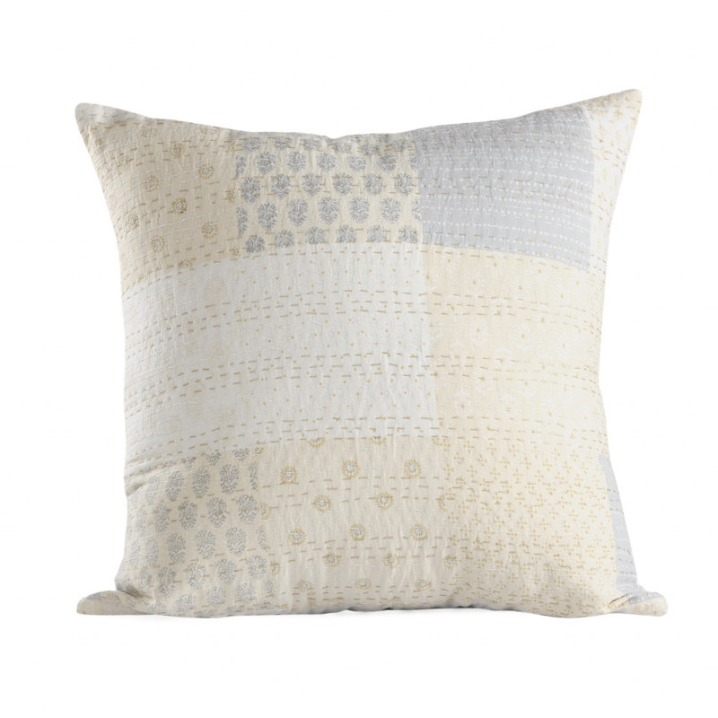 Gray and Cream Patchwork Cotton Silk Throw Pillow