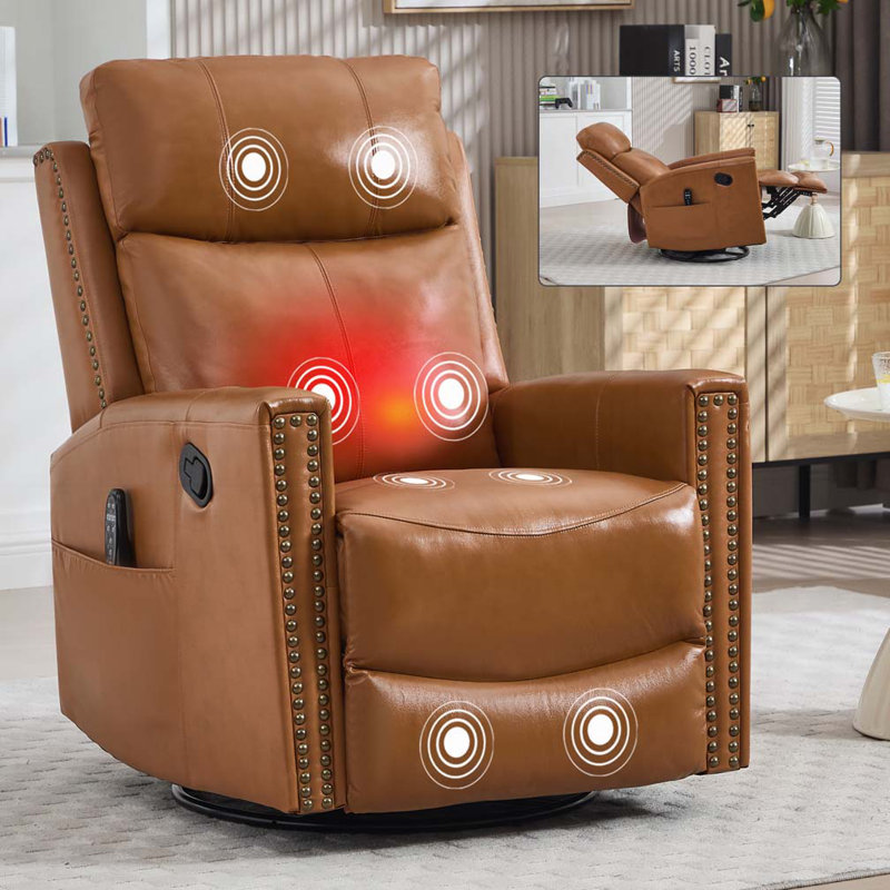 Leather Swivel Manual Recliner Chair with Heat Massage, Red